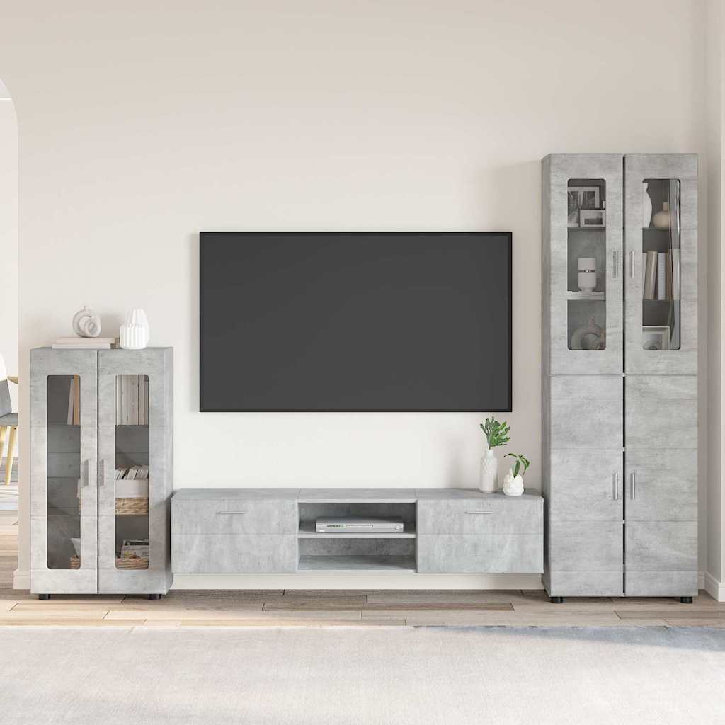 TV Cabinet Set FLORIN 3 pcs 150 x 39 x 30 cm Concrete Grey Freestanding cabinet +TV cabinet with 2 drawers +Highboard with 2 glass doors