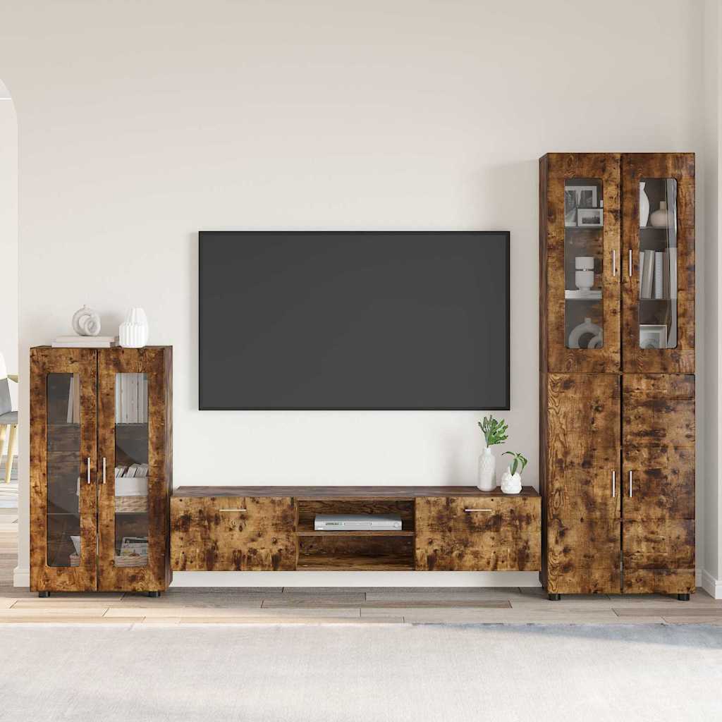 TV Cabinet Set FLORIN 3 pcs 150 x 39 x 30 cm Smoked Oak Freestanding cabinet +TV cabinet with 2 drawers +Highboard with 2 glass doors