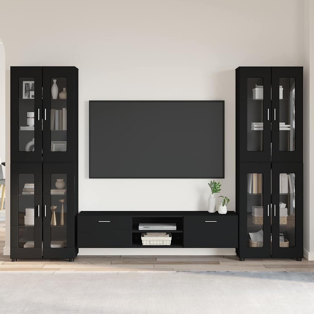 TV Cabinet Set FLORIN 3 pcs 150 x 39 x 30 cm Black TV cabinet with 2 drawers +2x Highboard with 4 glass doors