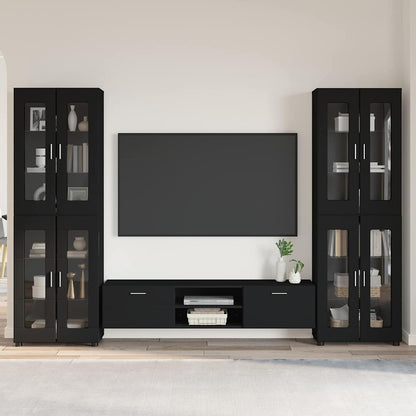 TV Cabinet Set FLORIN 3 pcs 150 x 39 x 30 cm Black TV cabinet with 2 drawers +2x Highboard with 4 glass doors