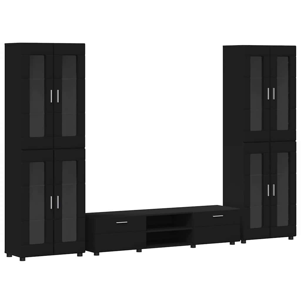 TV Cabinet Set FLORIN 3 pcs 150 x 39 x 30 cm Black TV cabinet with 2 drawers +2x Highboard with 4 glass doors