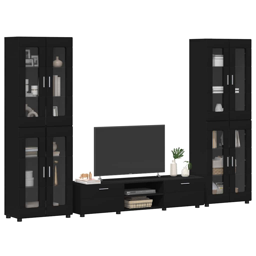 TV Cabinet Set FLORIN 3 pcs 150 x 39 x 30 cm Black TV cabinet with 2 drawers +2x Highboard with 4 glass doors