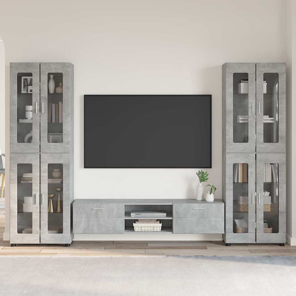 TV Cabinet Set FLORIN 3 pcs 150 x 39 x 30 cm Concrete Grey TV cabinet with 2 drawers +2x Highboard with 4 glass doors