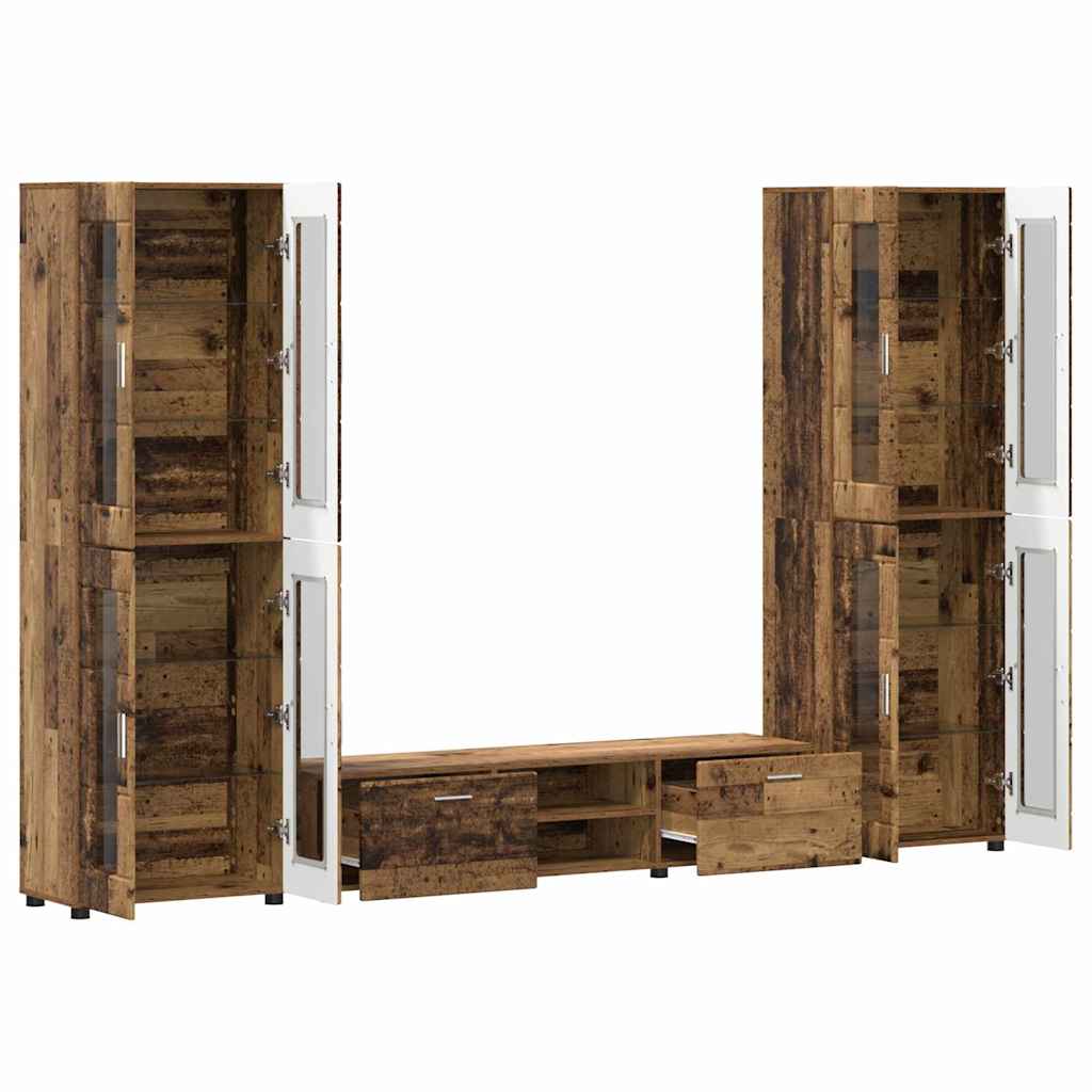 TV Cabinet Set FLORIN 3 pcs 150 x 39 x 30 cm Old Wood TV cabinet with 2 drawers +2x Highboard with 4 glass doors