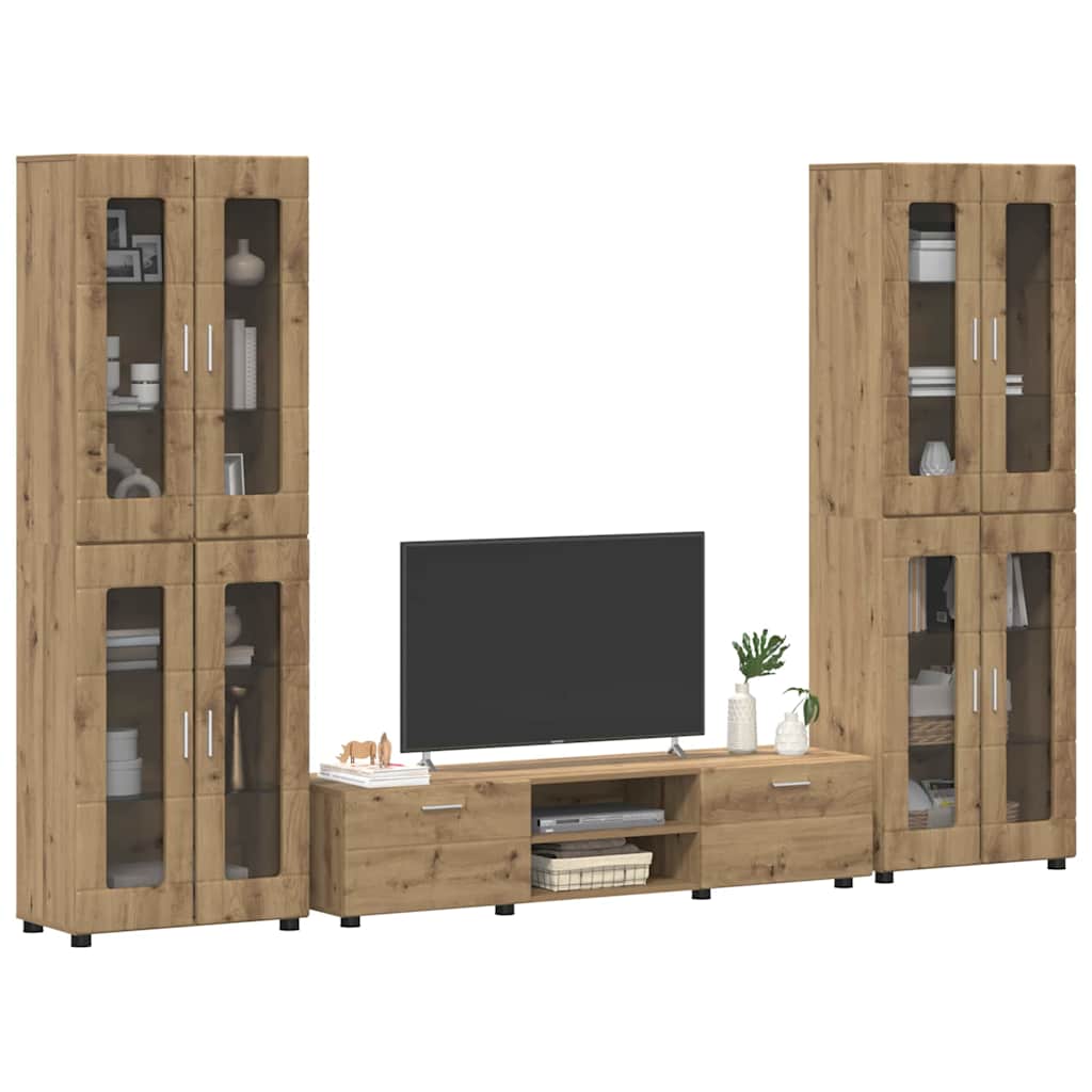 TV Cabinet Set FLORIN 3 pcs 150 x 39 x 30 cm Artisan Oak TV cabinet with 2 drawers +2x Highboard with 4 glass doors