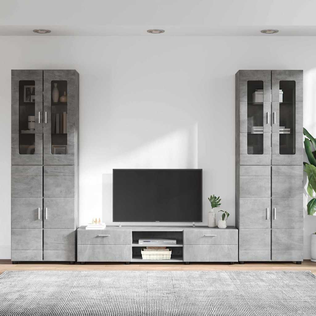 TV Cabinet Set FLORIN 3 pcs 150 x 39 x 30 cm Concrete Grey TV cabinet with 2 drawers +2x Highboard with 2 glass doors