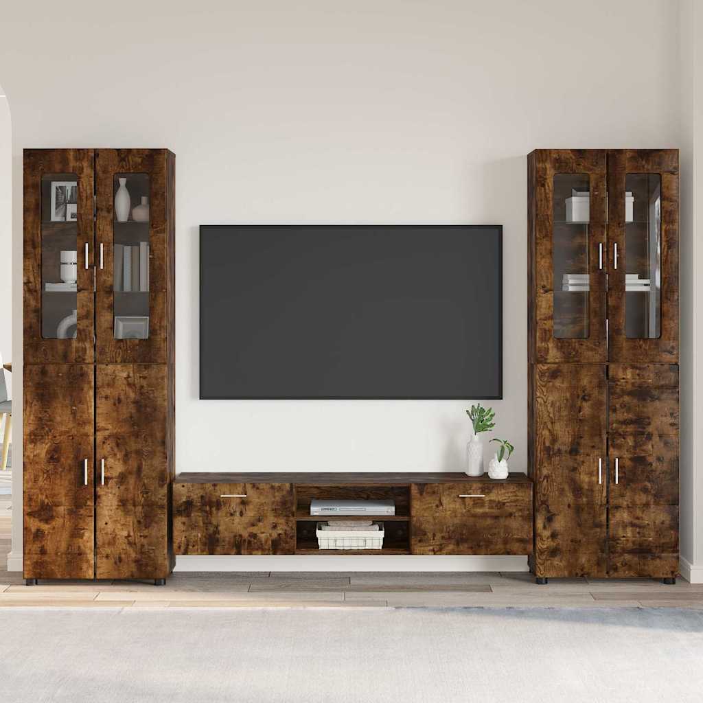 TV Cabinet Set FLORIN 3 pcs 150 x 39 x 30 cm Smoked Oak TV cabinet with 2 drawers +2x Highboard with 2 glass doors