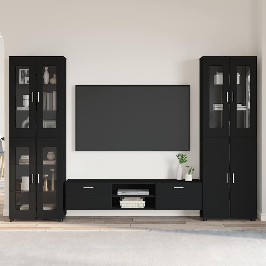 TV Cabinet Set FLORIN 3 pcs 150 x 39 x 30 cm Black TV cabinet with 2 drawers +Highboard with 2 glass doors +Highboard with 4 glass doors