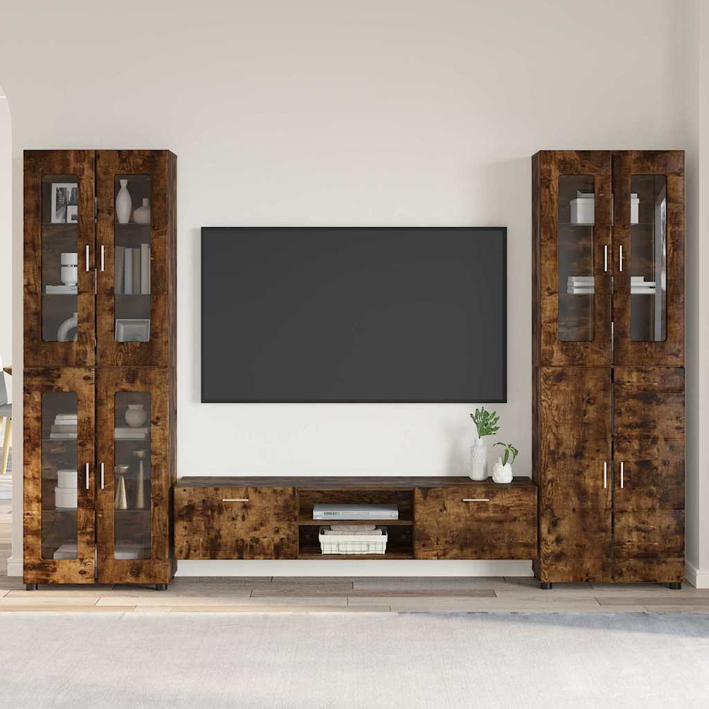TV Cabinet Set FLORIN 3 pcs 150 x 39 x 30 cm Smoked Oak TV cabinet with 2 drawers +Highboard with 2 glass doors +Highboard with 4 glass doors