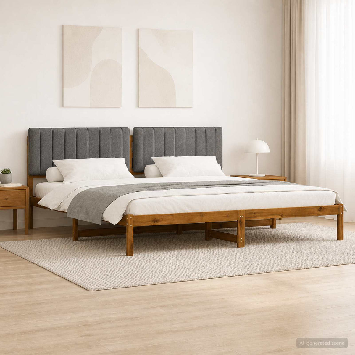 Bed Frame with Upholstered Headboard Length 200 cm Natural and Light Grey 200 cm