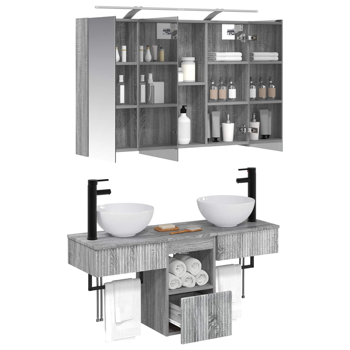 vidaXL Bathroom Cabinet Set 4 pcs Grey Sonoma Engineered Wood 3