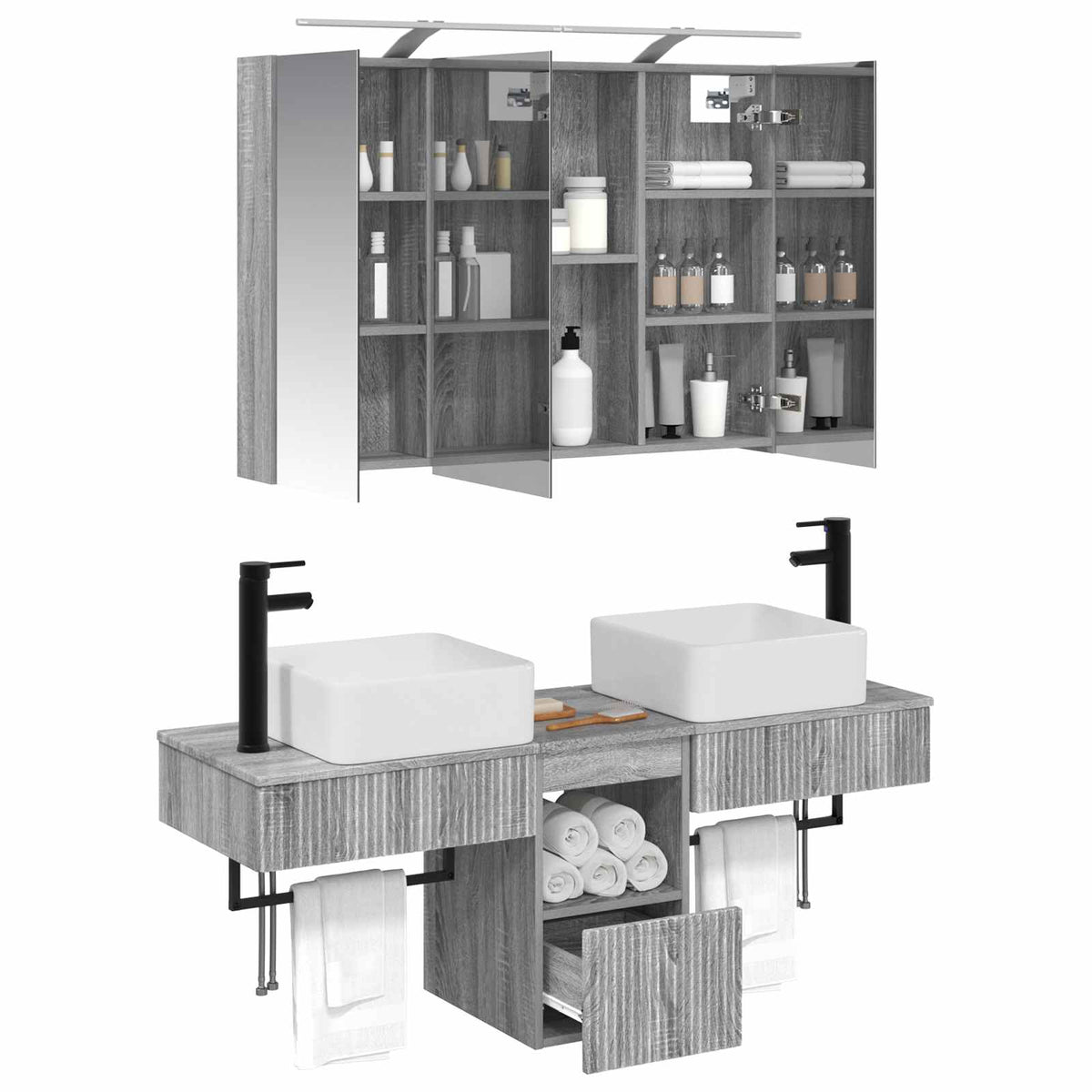 vidaXL Bathroom Cabinet Set 4 pcs Grey Sonoma Engineered Wood 3