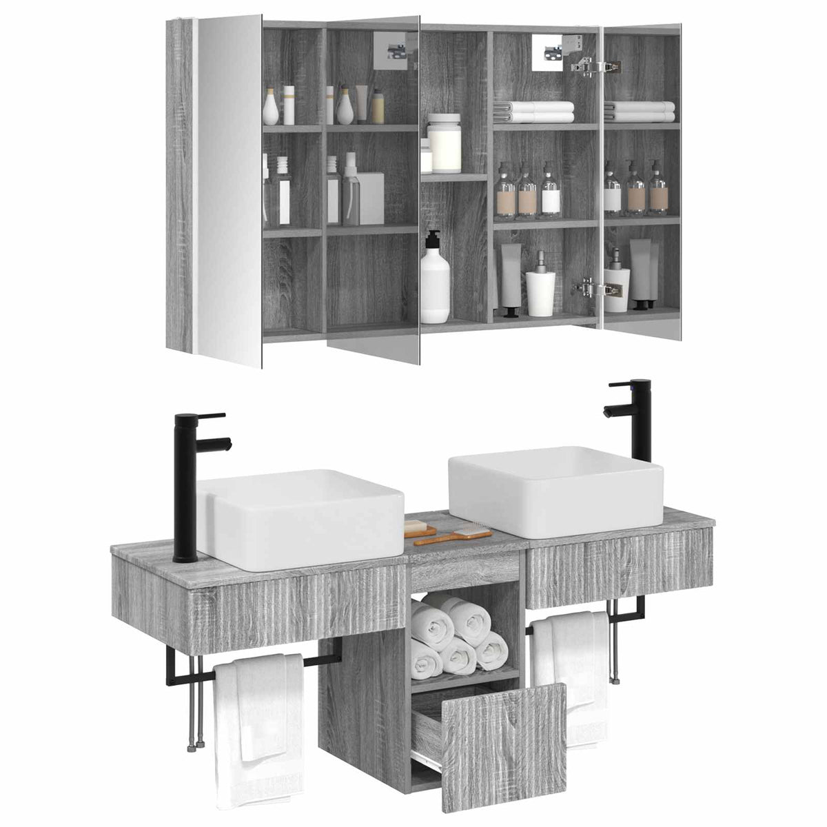 vidaXL Bathroom Cabinet Set 4 pcs Grey Sonoma Engineered Wood 3