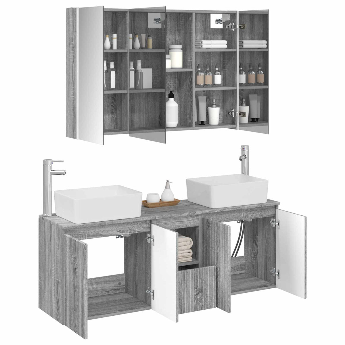 vidaXL Bathroom Cabinet Set 4 pcs Grey Sonoma Engineered Wood 3