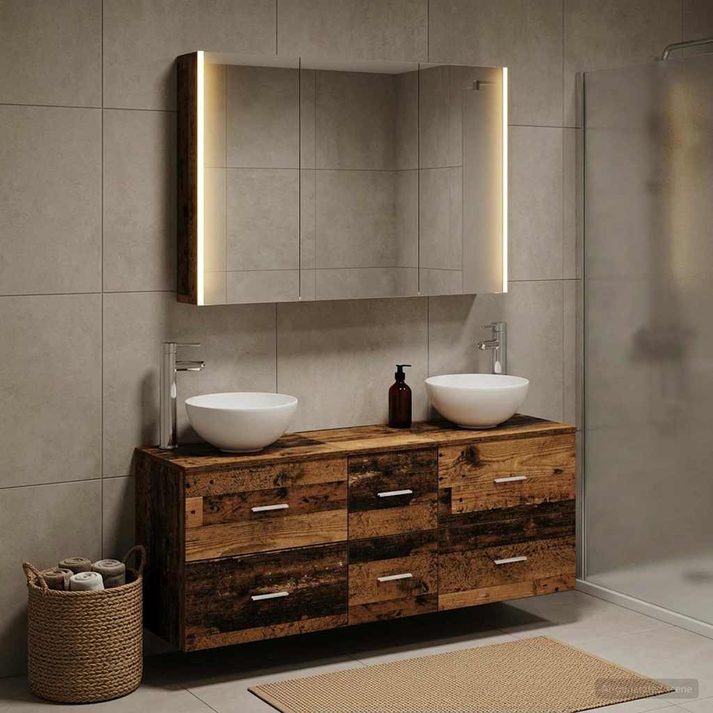 vidaXL Bathroom Furniture Set 4 pcs Old Wood Engineered Wood and Glass 4