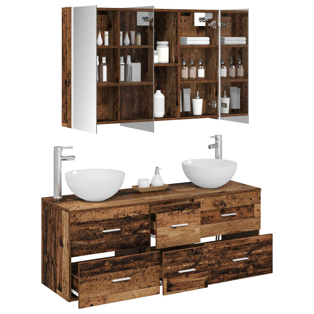 vidaXL Bathroom Furniture Set 4 pcs Old Wood Engineered Wood and Glass 3