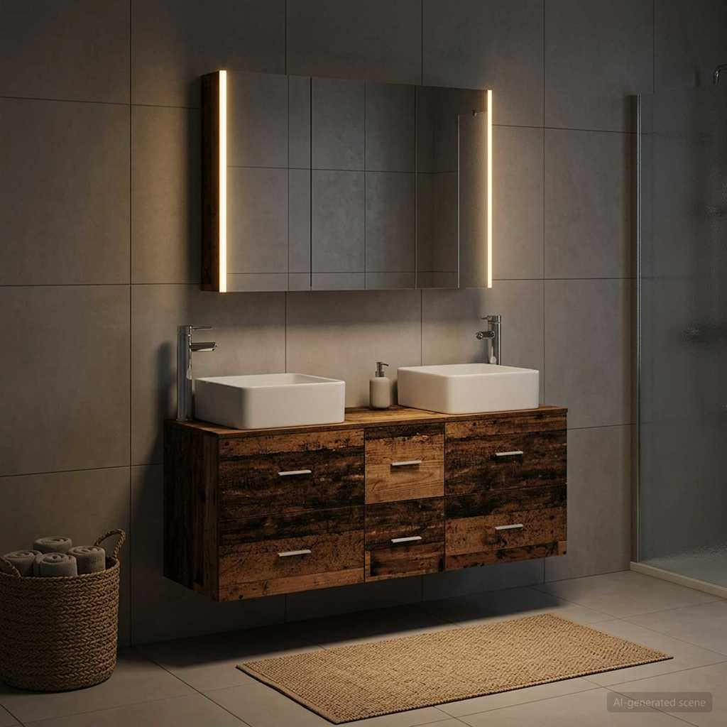 vidaXL Bathroom Furniture Set 4 pcs Old Wood Engineered Wood and Glass 4