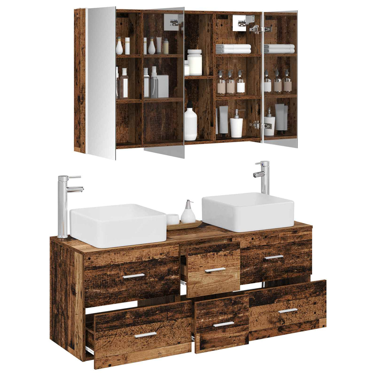 vidaXL Bathroom Furniture Set 4 pcs Old Wood Engineered Wood and Glass 3