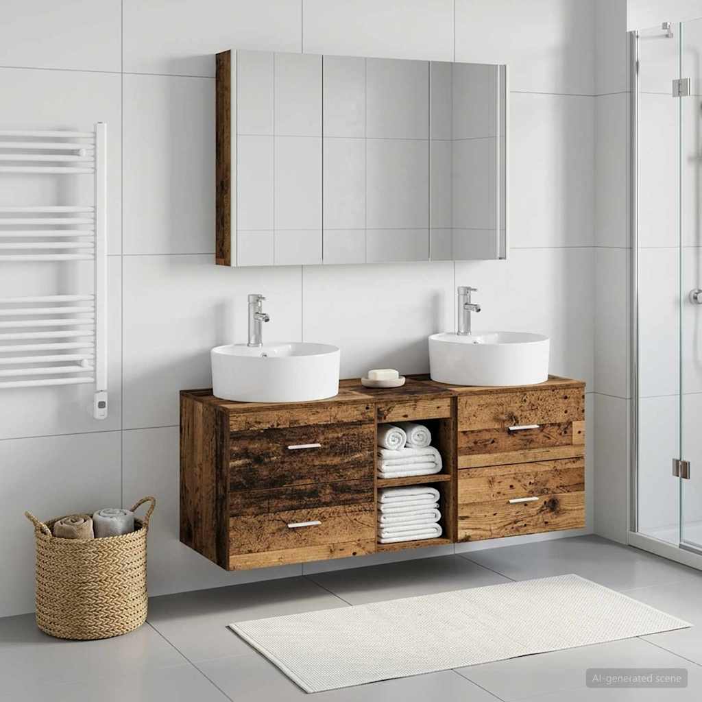 vidaXL Bathroom Furniture Set 4 pcs Old Wood Engineered Wood and Glass 4