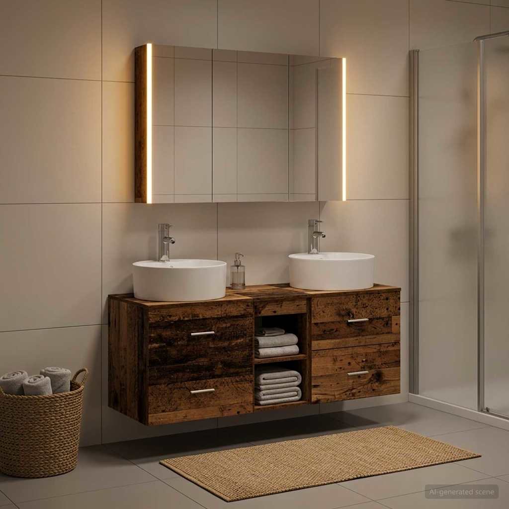 vidaXL Bathroom Furniture Set 4 pcs Old Wood Engineered Wood and Glass 1