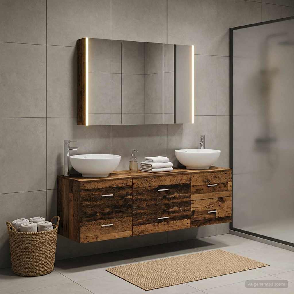 vidaXL Bathroom Furniture Set 4 pcs Old Wood Engineered Wood and Glass 4