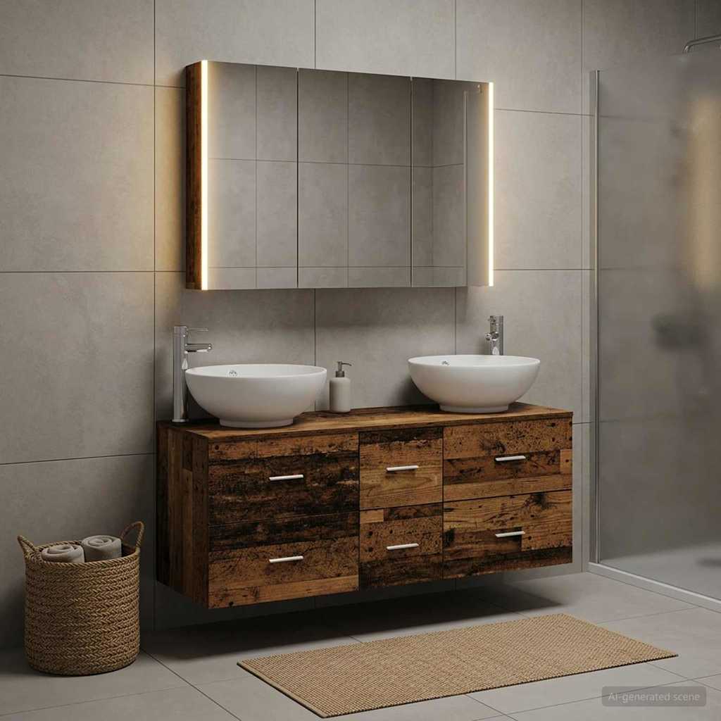 vidaXL Bathroom Furniture Set 4 pcs Old Wood Engineered Wood and Glass 1