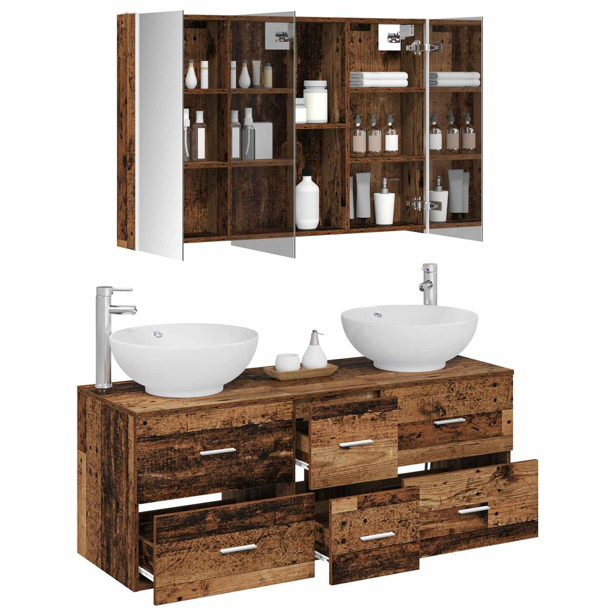 vidaXL Bathroom Furniture Set 4 pcs Old Wood Engineered Wood and Glass 3