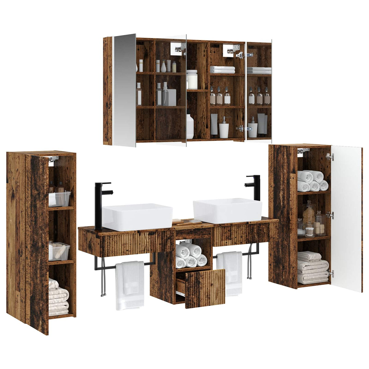 vidaXL Bathroom Furniture Set 6 pcs Old Wood Engineered Wood and Glass 3