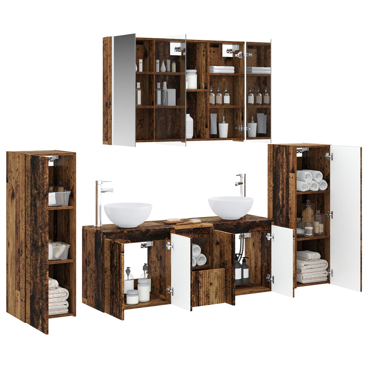vidaXL Bathroom Furniture Set 6 pcs Old Wood Engineered Wood and Glass 3
