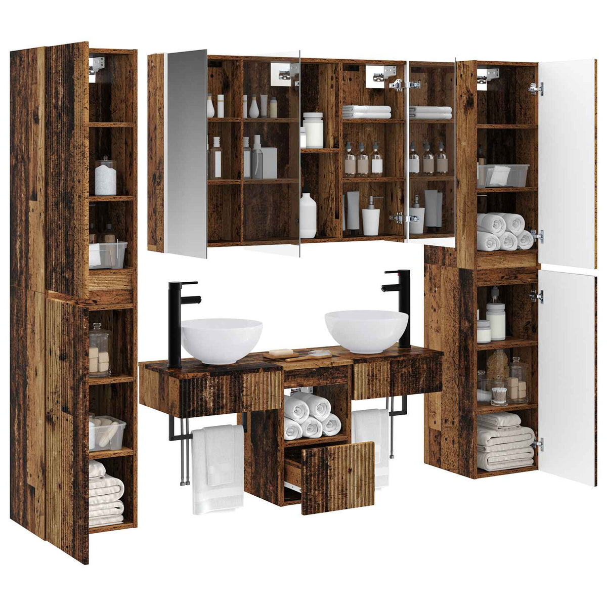 vidaXL Bathroom Furniture Set 6 pcs Old Wood Engineered Wood and Glass 3