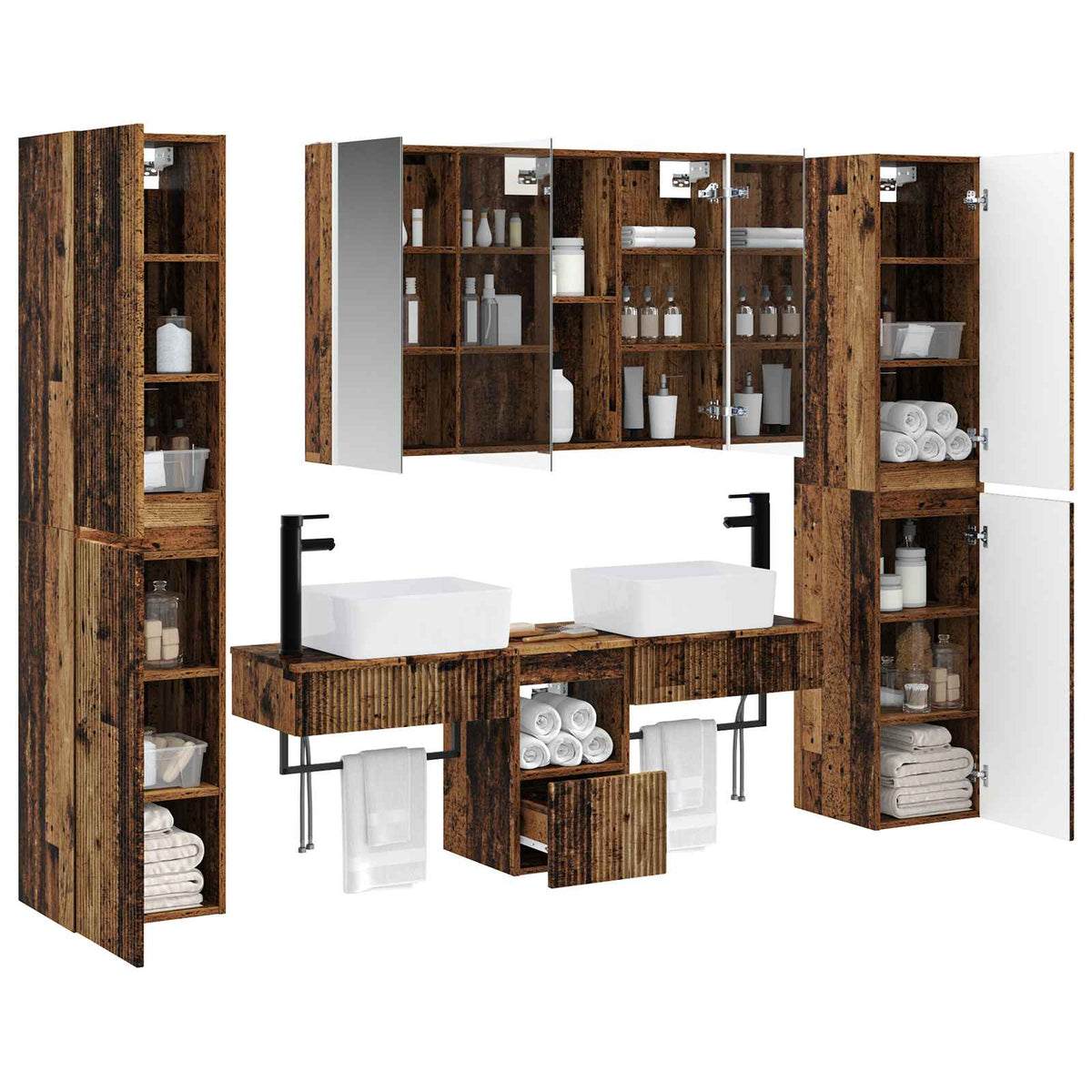 vidaXL Bathroom Furniture Set 6 pcs Old Wood Engineered Wood and Glass 3