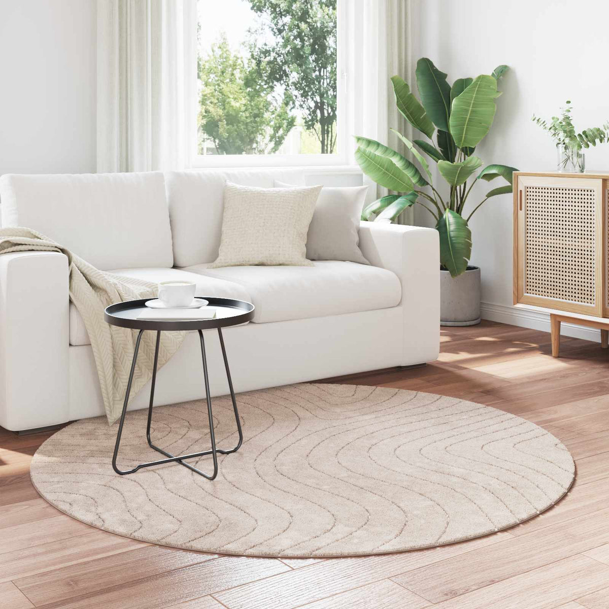 Indoor and Outdoor Rug PALMERAS Polyester Waveform Beige Ø 160 cm