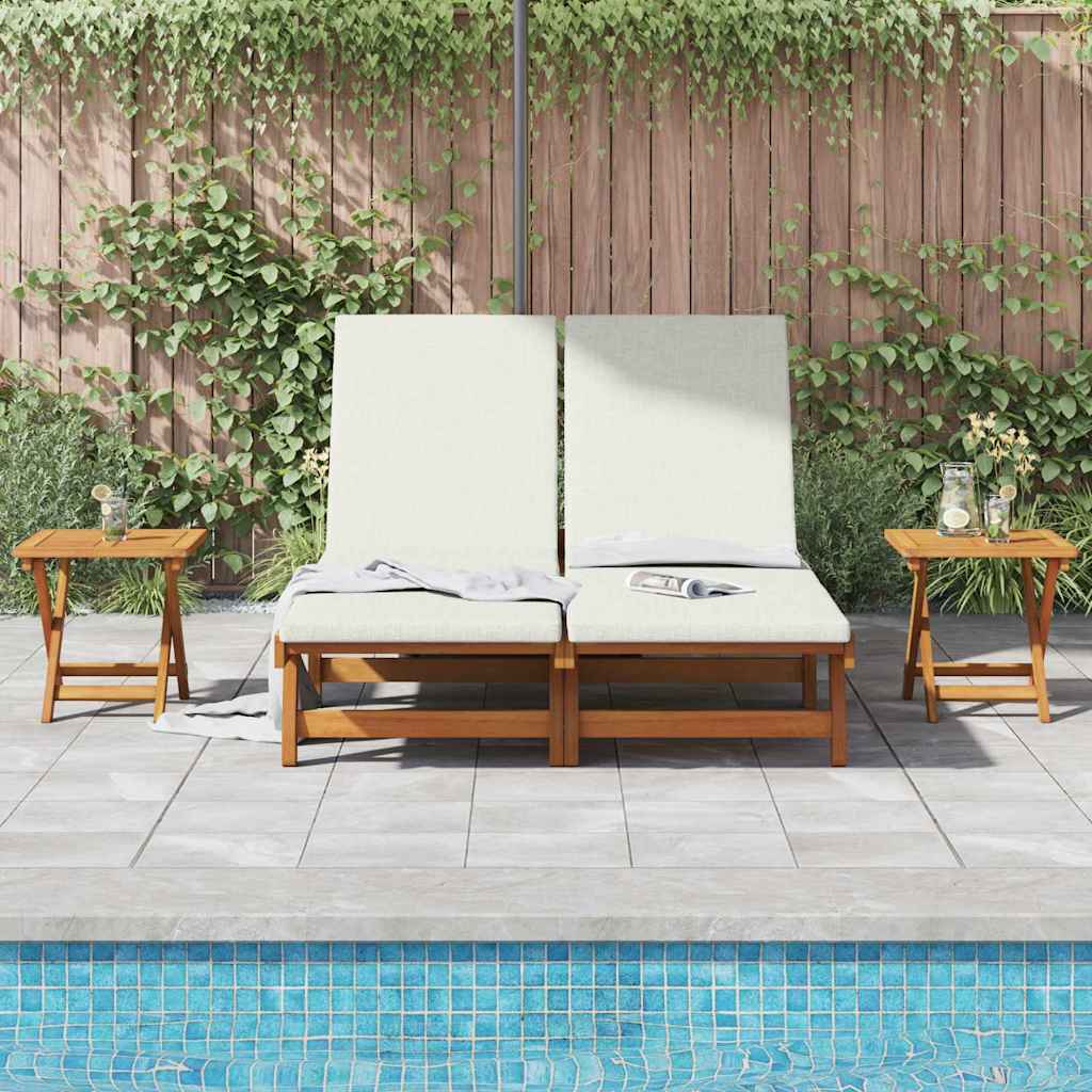Sun Lounger 2 pcs Solid Acacia Wood Brown Cream white 2-Person sun lounger +2x table