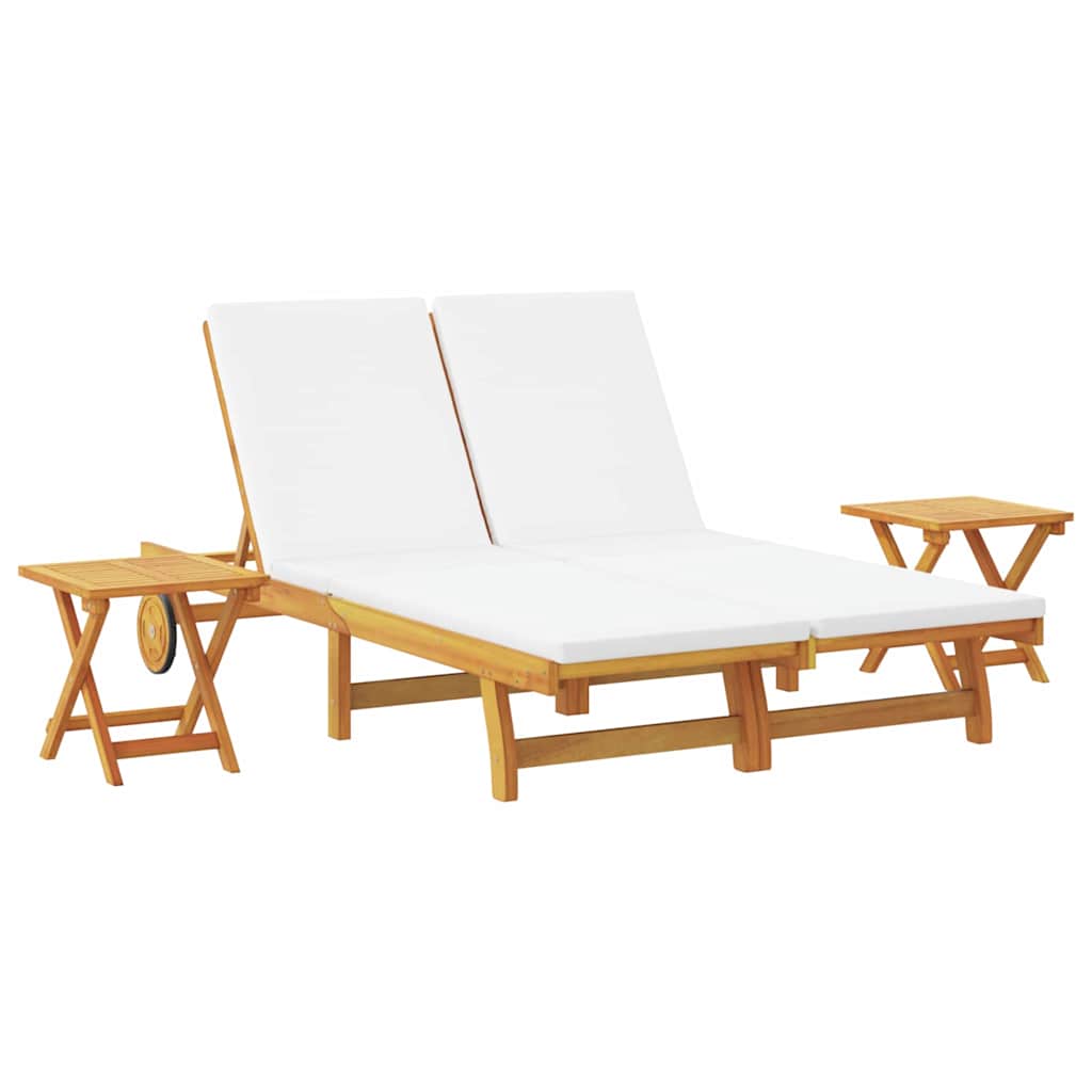 Sun Lounger 2 pcs Solid Acacia Wood Brown Cream white 2-Person sun lounger +2x table