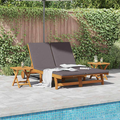 Sun Lounger 2 pcs Solid Acacia Wood Brown Dark grey 2-Person sun lounger +2x table