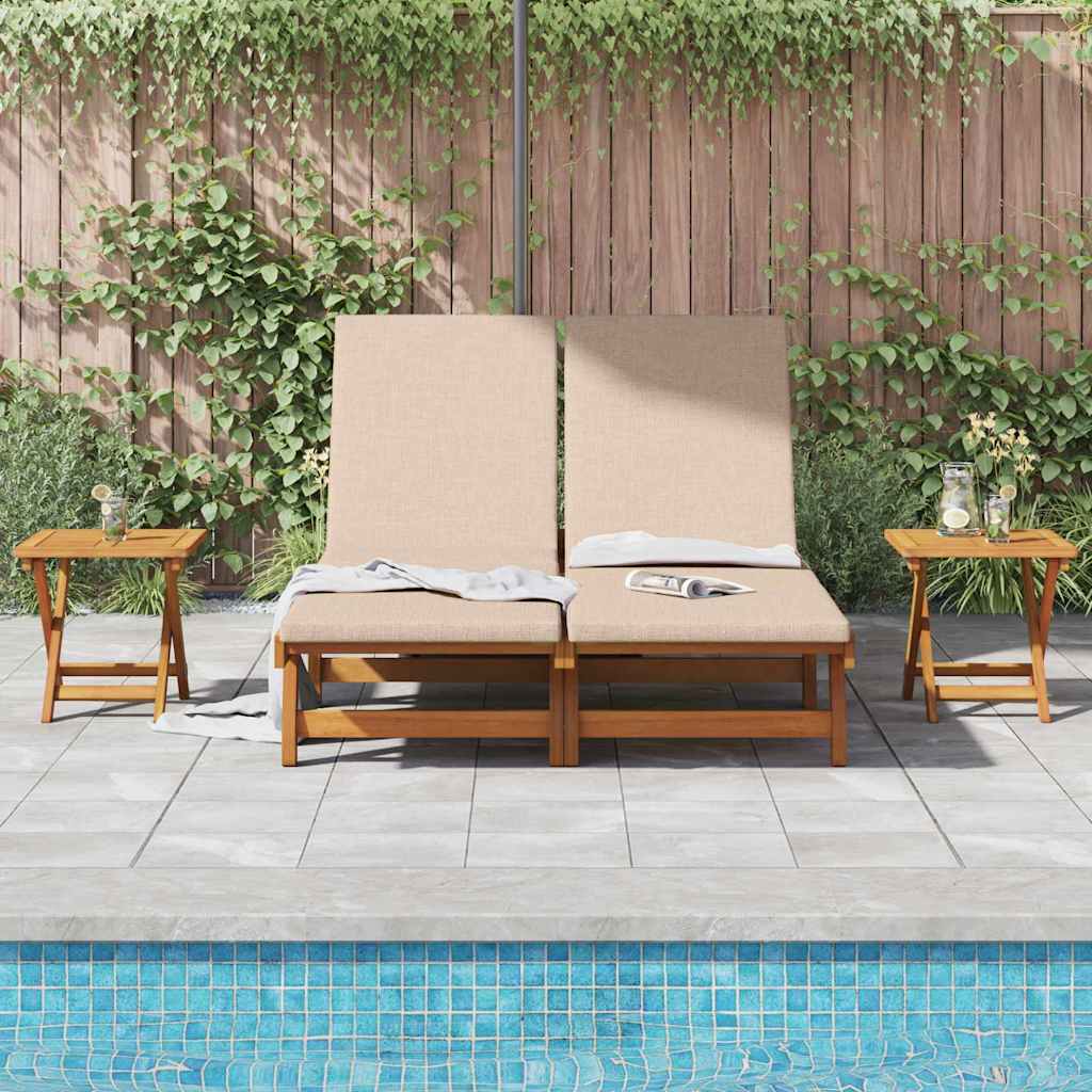 Sun Lounger 2 pcs Solid Acacia Wood Brown Beige 2-Person sun lounger +2x table