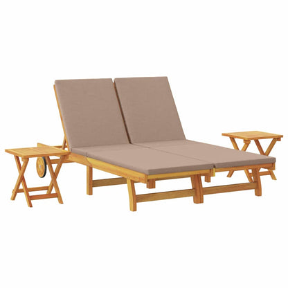 Sun Lounger 2 pcs Solid Acacia Wood Brown Taupe 2-Person sun lounger +2x table