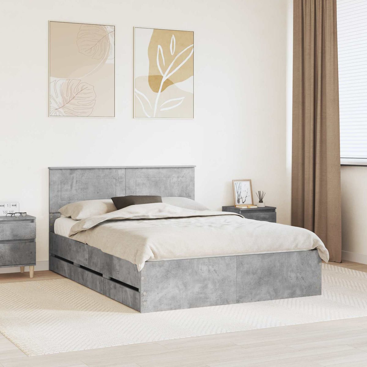 Bed Frame with Drawer Engineer Wood Length 190 cm Concrete grey 140 cm