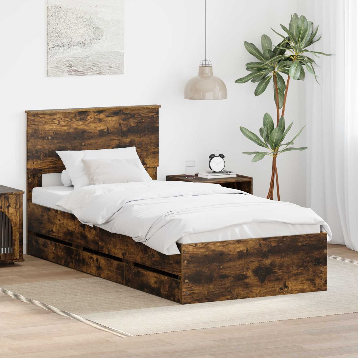 Bed Frame with Drawer Engineer Wood Length 190 cm Smoked oak 90 cm