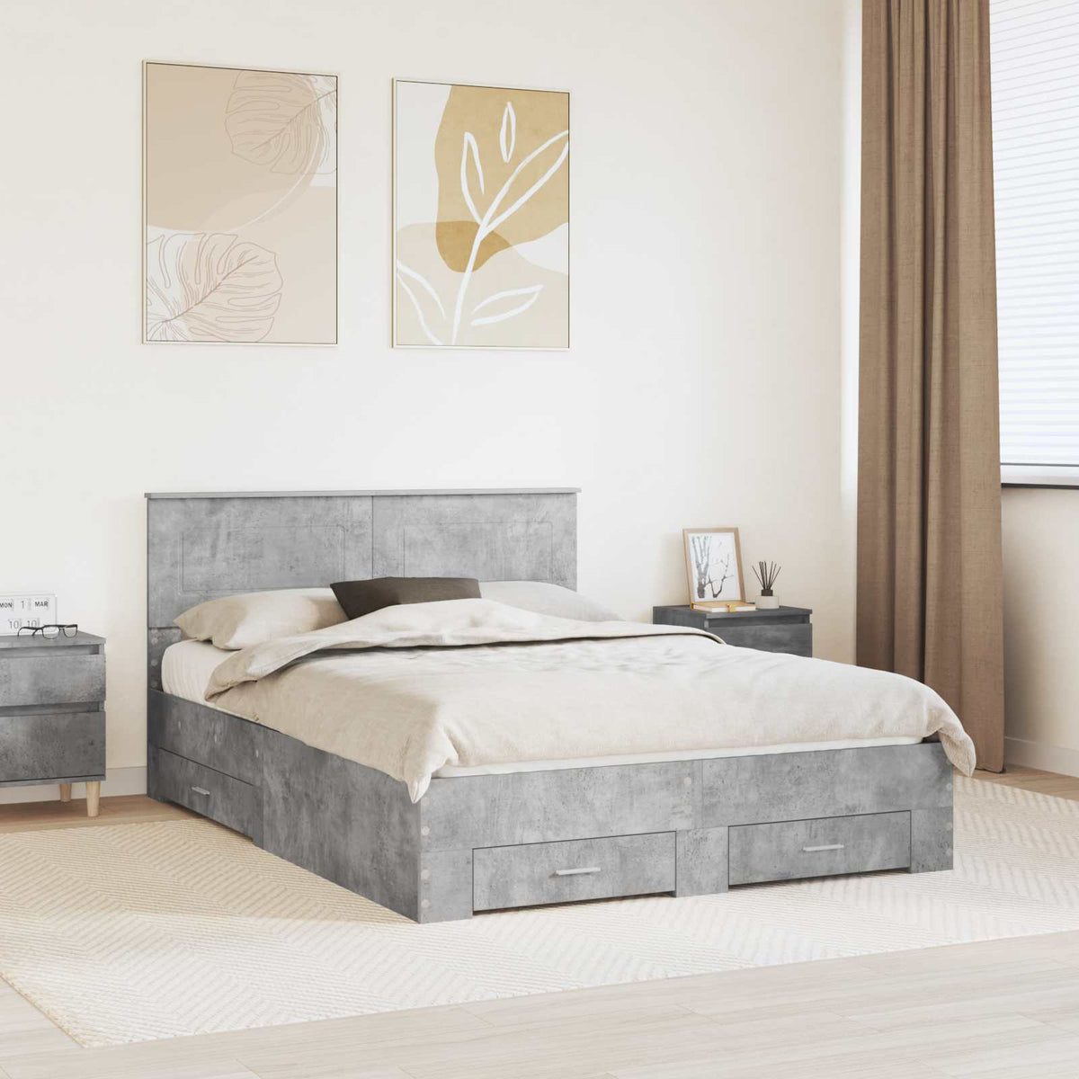 Bed Frame with Drawer 140 x 190 cm Engineered Wood Concrete grey