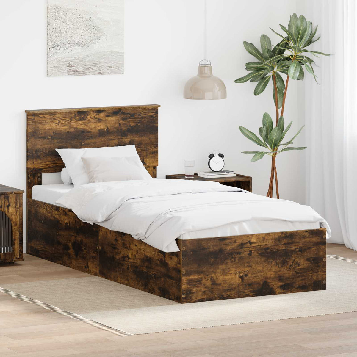 Bed Frame with Headboard Engineered Wood Length 190 cm Smoked oak 90 cm