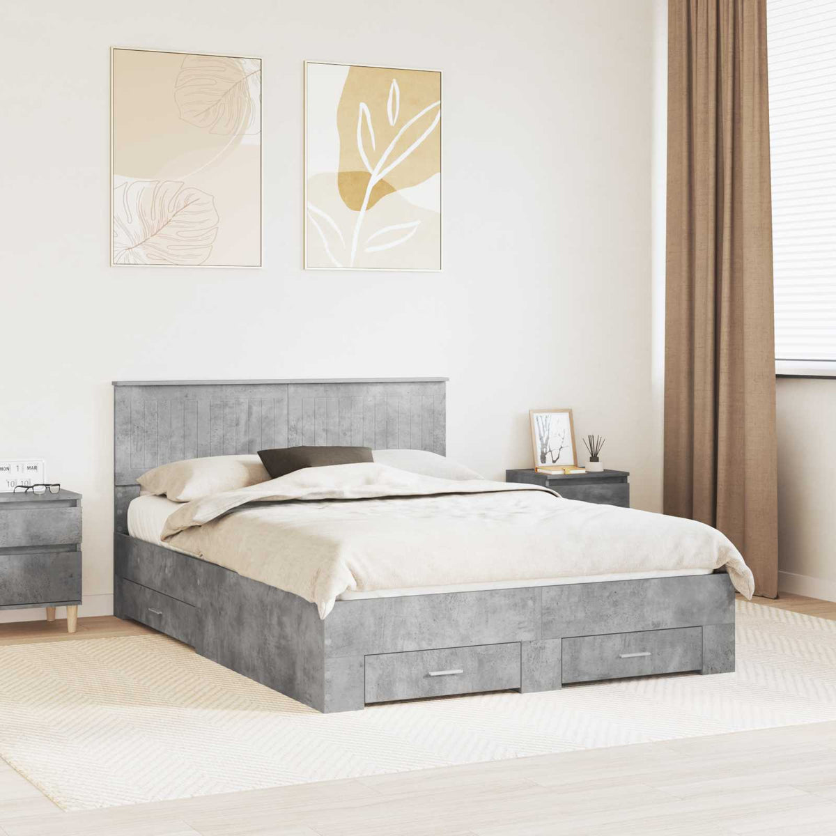 Bed Frame with Drawer 140 x 190 cm Engineered Wood Concrete grey
