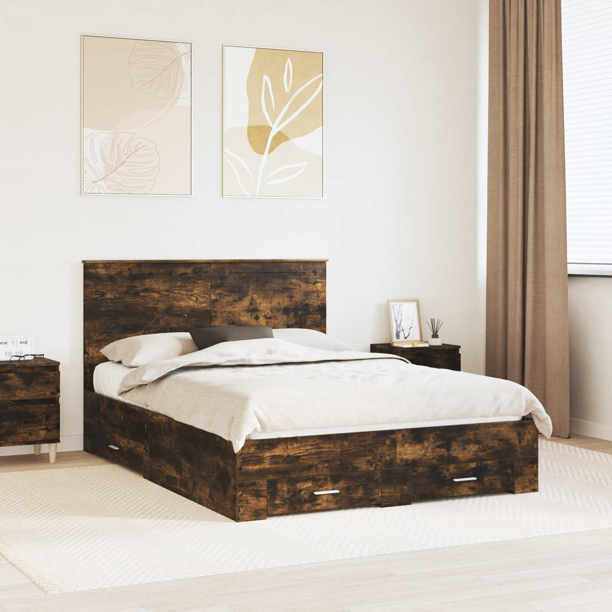 Bed Frame with Drawer Engineered Wood Length 200 cm Smoked Oak 140 cm