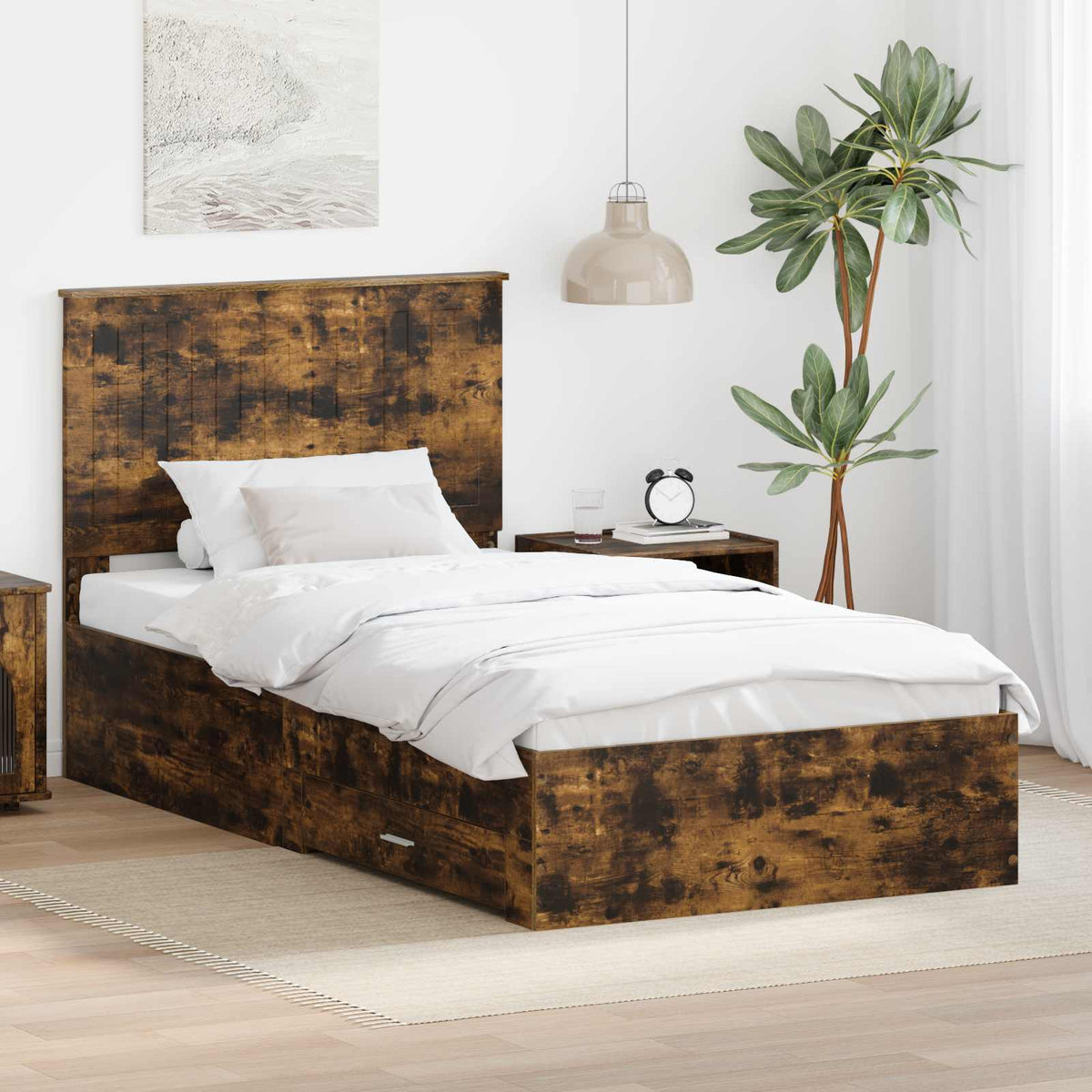 Bed Frame with Drawer Engineered Wood Length 200 cm Smoked Oak 100 cm