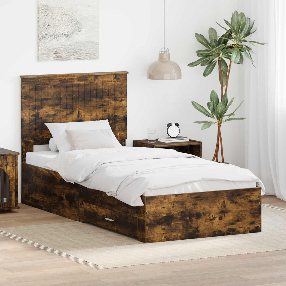 vidaXL Bed Frame with Drawer Engineered Wood Length 200 cm Smoked Oak