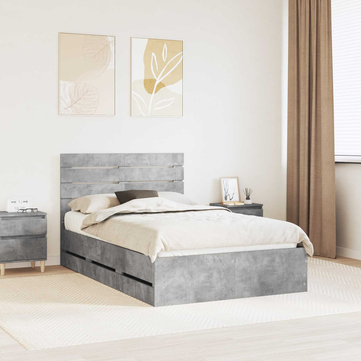 Bed Frame with Drawer Engineer Wood Length 190 cm Concrete grey 135 cm