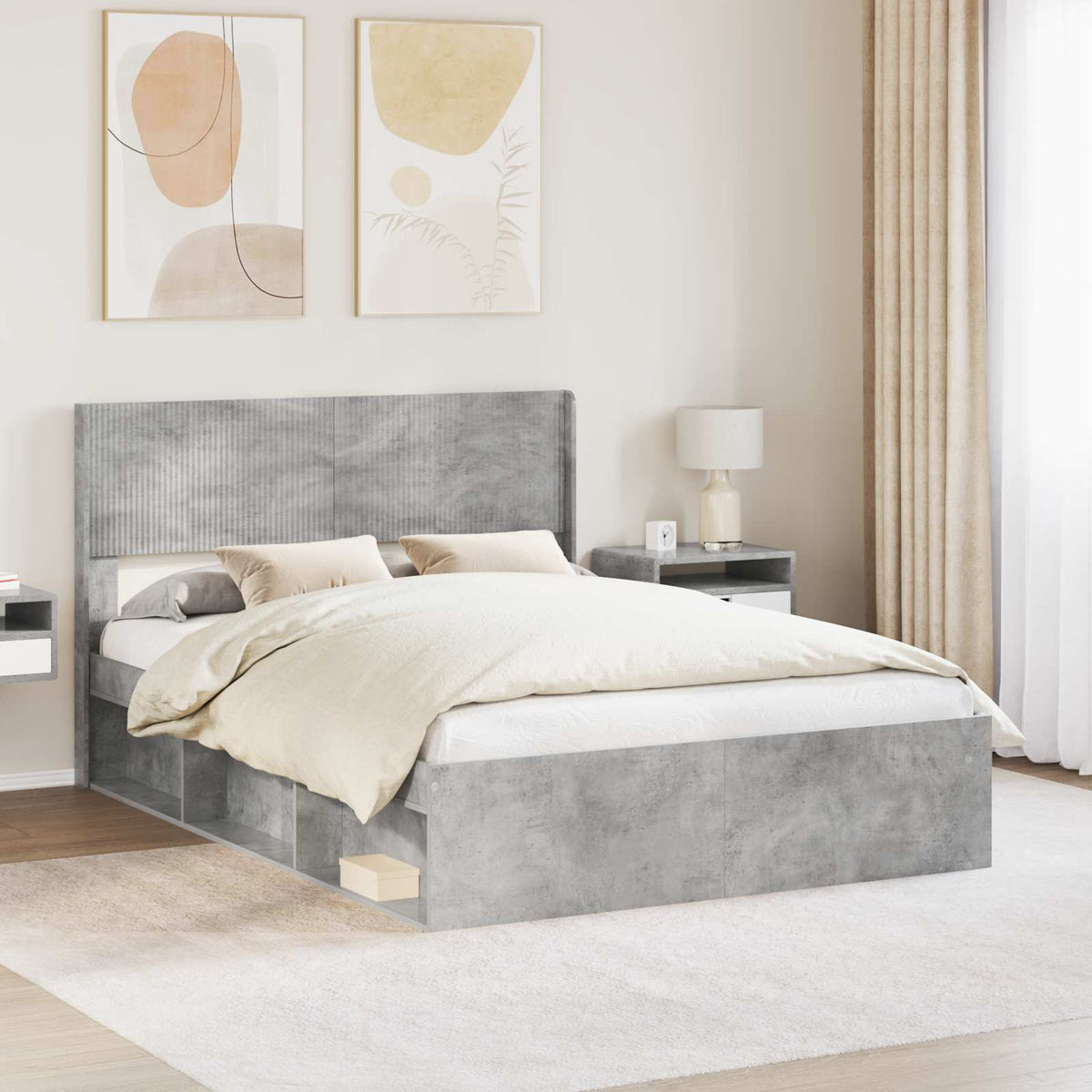Bed Frame with Storage and Headboard 150 x 200 cm Concrete grey