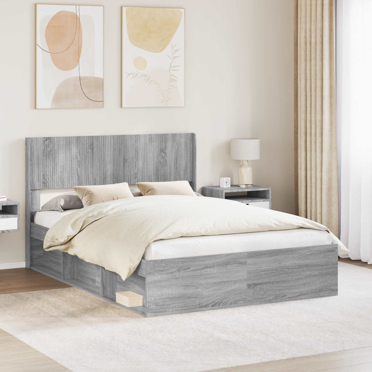Bed Frame with Storage and Headboard 150 x 200 cm Grey Sonoma