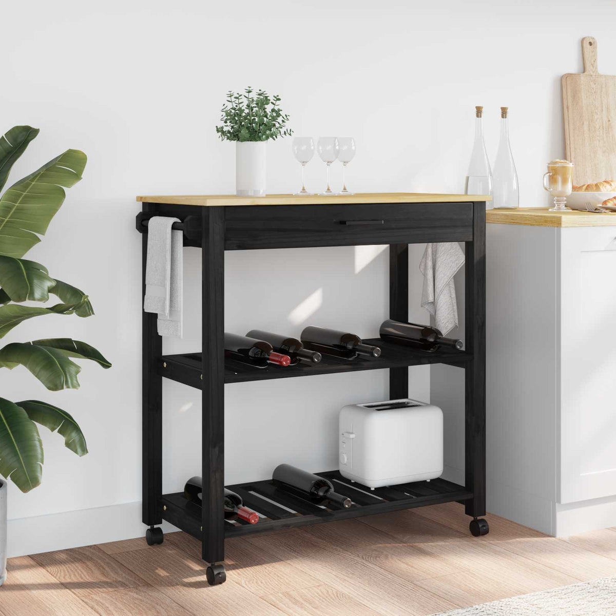 Kitchen Trolley MONZA Solid Pine Wood Black 84 x 40 x 88.5 cm