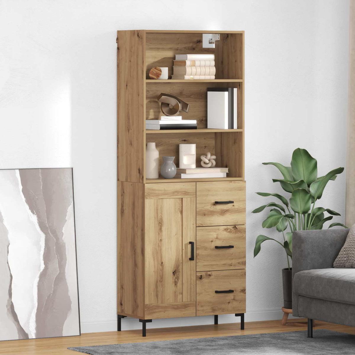 Highboard 69.5x34x180 cm Engineered Wood 1 Wood Door 3 Drawers Artisan oak